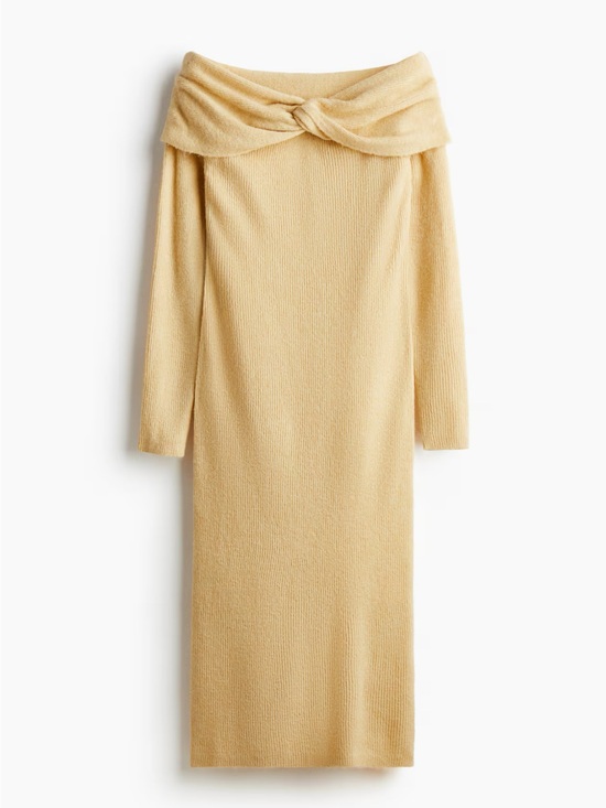 H&M Dresses & Skirts - H&M Off-Shoulder Twist Knit Dress in Pale Yellow